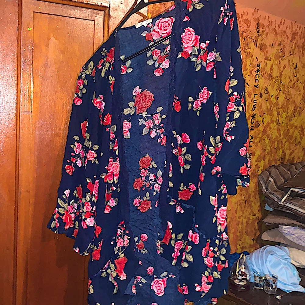 Dark blue with pink roses quarter sleeve cardigan.